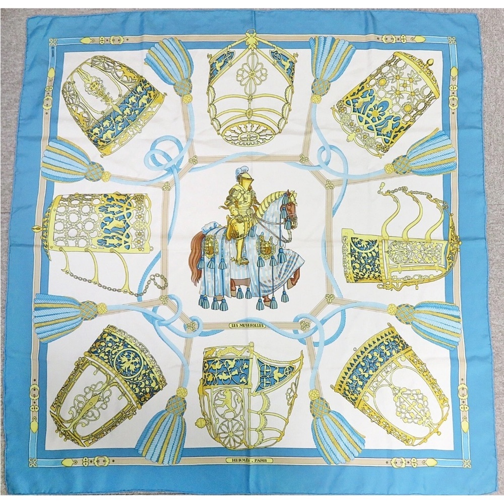 Hermes Blue and Gold Silk Scarf - Picture 1 of 11